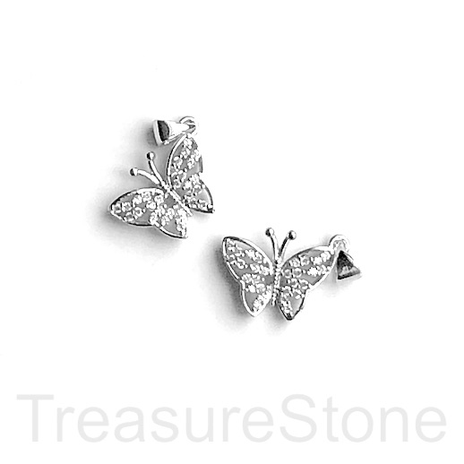 Pave Charm, pendant, 14x17mm silver butterfly, clear CZ.Ea