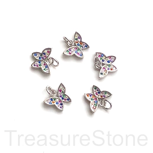 Pave Charm, 8x11mm butterfly, silver, colour CZ. Ea - Click Image to Close
