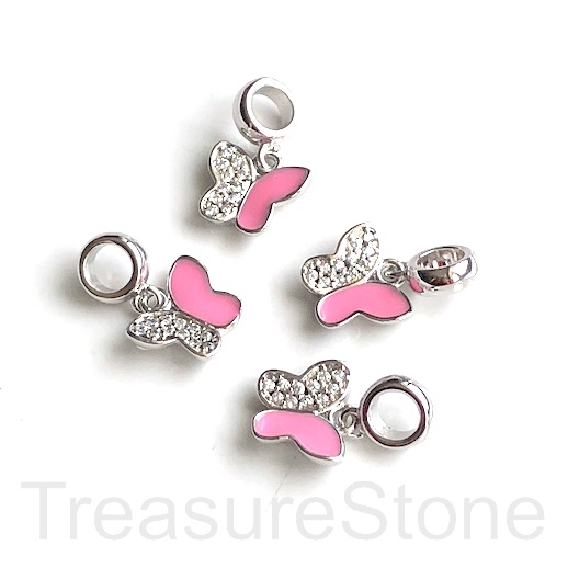 Pave charm, 10x12mm silver, pink butterfly, clear CZ.Ea