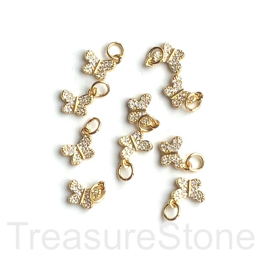 Pave Charm, pendant, 8mm gold butterfly, clear CZ.Ea