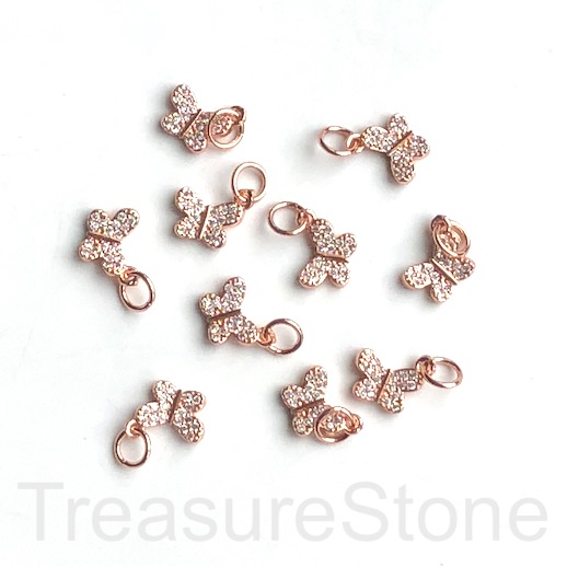 Pave Charm, pendant, 8mm rose gold butterfly, clear CZ.Ea