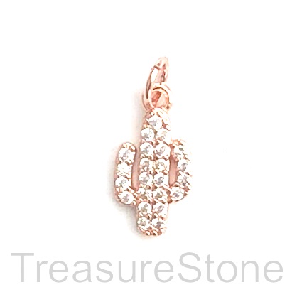 Pave Charm, brass, 12mm rose gold cactus, Cubic Zirconia. Ea