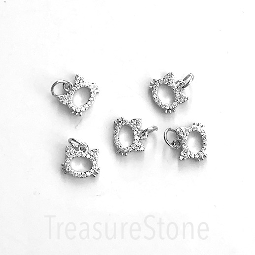 Pave Charm, brass, 10mm silver cat, clear CZ. Ea