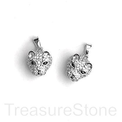 Charm, brass, 11mm silver cheetah, panther, cat, clear CZ. Ea