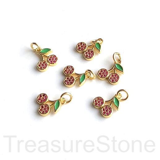 Pave Charm, brass, 10mm gold cherry with green leaf, pink CZ. Ea