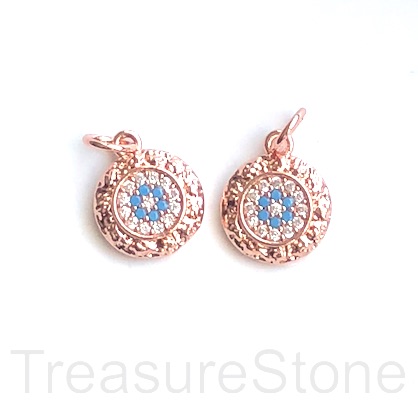 Charm, brass, 10mm rose gold, turquoise coin 1, CZ. Ea