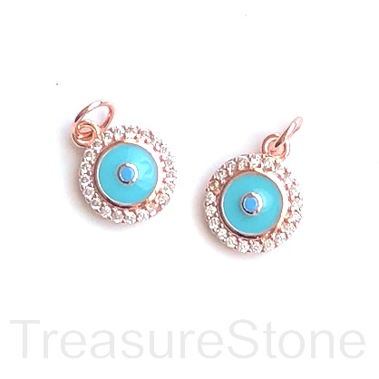 Charm, brass, 10mm rose gold, turquoise coin 2, CZ. Ea