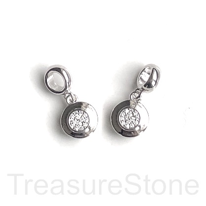 Pave Charm, pendant, brass, 10mm coin, silver, clear CZ. Ea