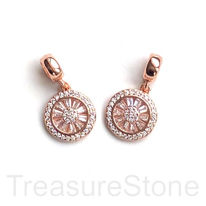 Pave Charm, pendant, brass, 13mm coin, rose gold, clear CZ. Ea