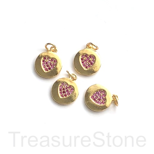 Pave Charm, pendant, brass, 11mm gold heart, ruby CZ. Ea