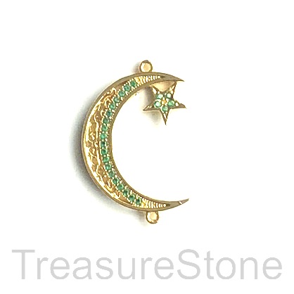 Charm, connector, pendant, 25x20mm gold moon, star, green cz, ea