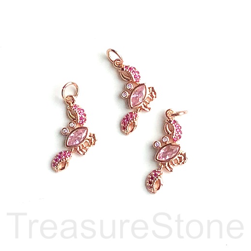Pave charm, pendant, brass, 9x19mm rose gold crab, pink CZ. Ea