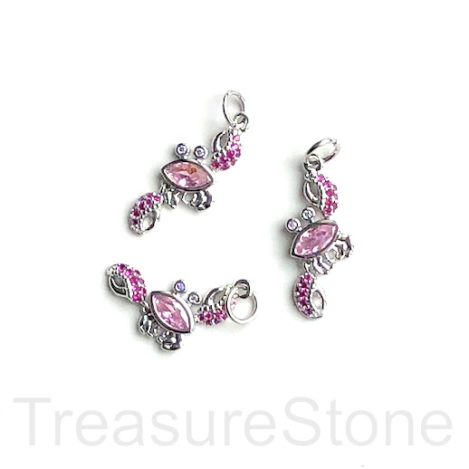 Pave charm, pendant, brass, 9x19mm silver crab, pink CZ. Ea - Click Image to Close