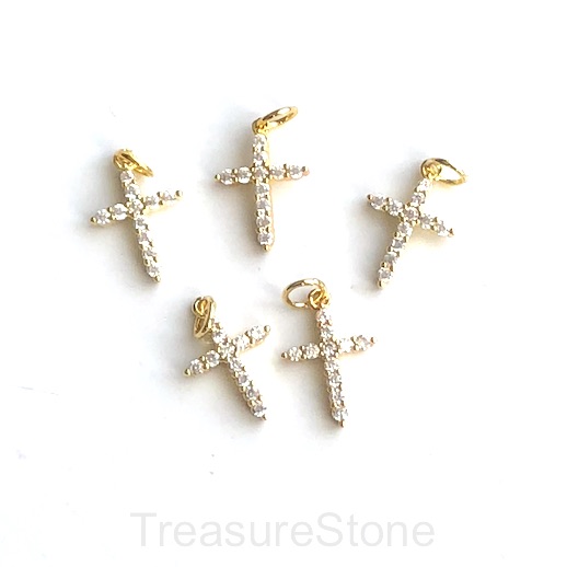 Pave Charm, pendant, 11x14mm cross, gold, clear CZ. Ea