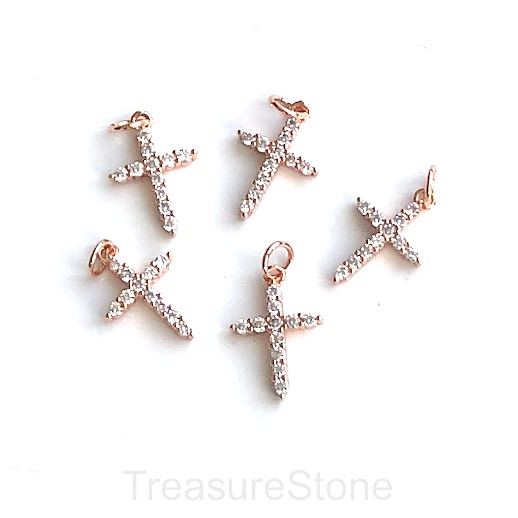 Pave Charm, pendant, 11x14mm cross, rose gold, clear CZ. Ea - Click Image to Close