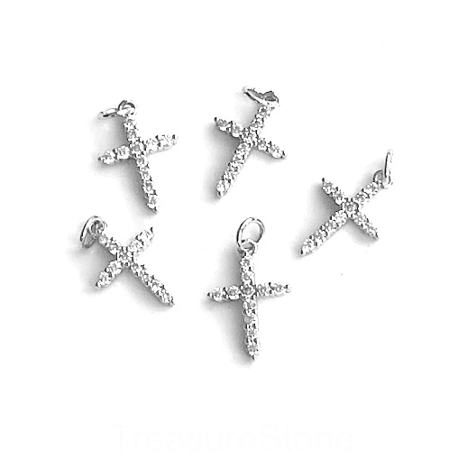 Pave Charm, pendant, 11x14mm cross, silver, clear CZ. Ea - Click Image to Close