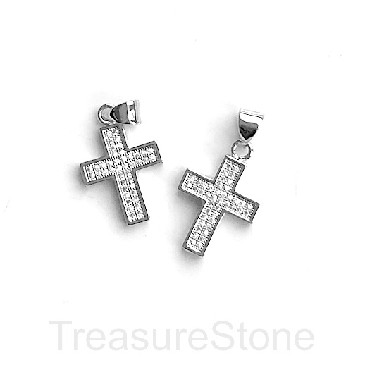 Pave Charm, pendant, brass, silver, 15x23mm cross. Each - Click Image to Close