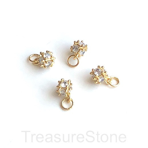 Pave Charm, brass, 6mm gold cube, clear CZ. Ea