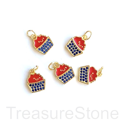 Pave charm Pendant, 9mm gold, red cupcake, blue CZ. Ea