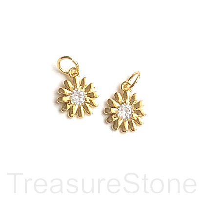 Pave Charm, pendant, brass, 9mm daisy, gold, clear CZ. Ea