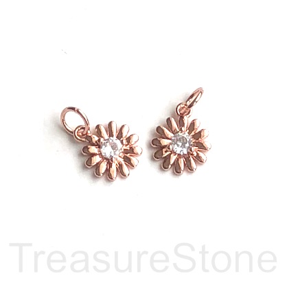 Pave Charm, pendant, brass, 9mm daisy, rose gold, clear CZ. Ea