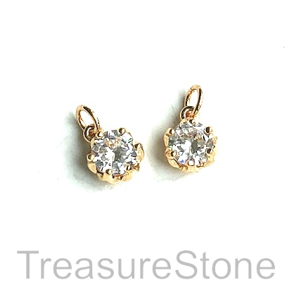 Charm, brass, gold, 7mm round diamond, Cubic Zirconia. Each - Click Image to Close
