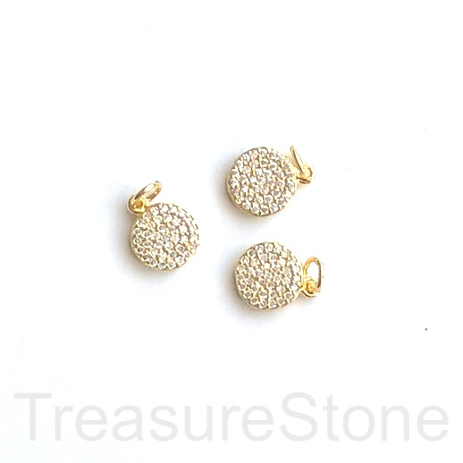 Pave Charm, pendant, brass, 10mm gold coin, clear CZ. Ea
