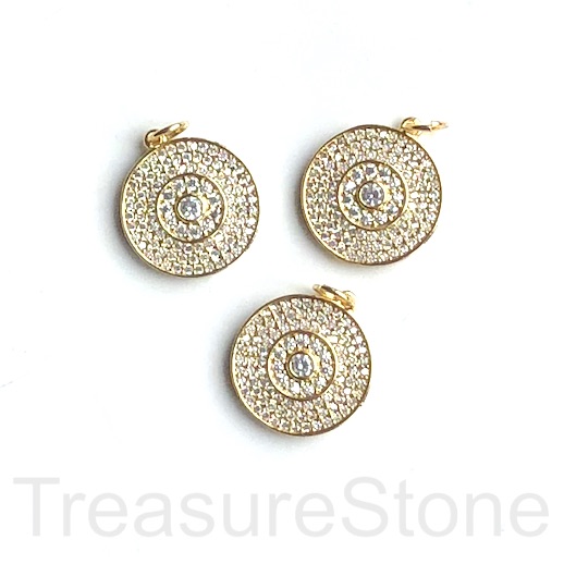 Pave charm, pendant, 16mm gold disc, clear CZ. ea - Click Image to Close