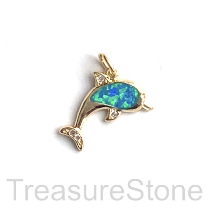 Pave Charm, 13x18 mm, gold dolphin, Cubic Zirconia. Each