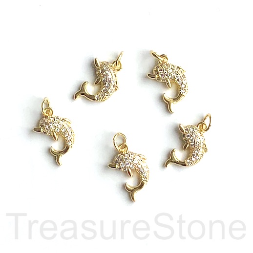 Pave Charm, pendant, 10x12mm gold dolphin, clear CZ.Ea