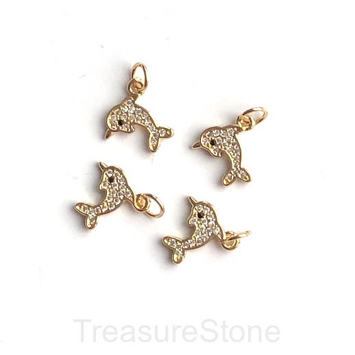 Pave charm, brass, 11mm gold dolphin, clear CZ. Ea