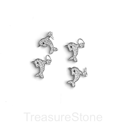 Pave charm, brass, 11mm silver dolphin, clear CZ. Ea