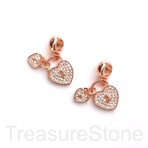 Pave Charm, pendant, 11x14mm rose gold double heart locks, CZ.Ea - Click Image to Close