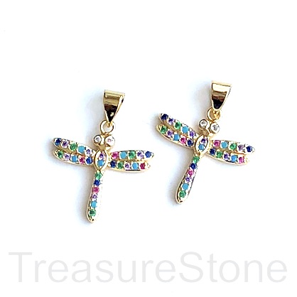 Charm, brass, 18mm gold dragonfly, mixed colour CZ. Each