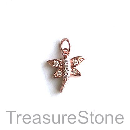Charm, brass, rose gold, 12mm dragonfly, Cubic Zirconia. Each