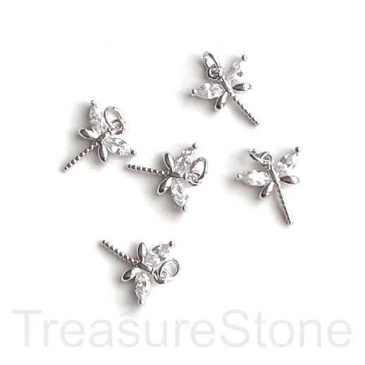 Pave Charm, pendant, 11x12mm silver dragonfly, clear CZ.Ea