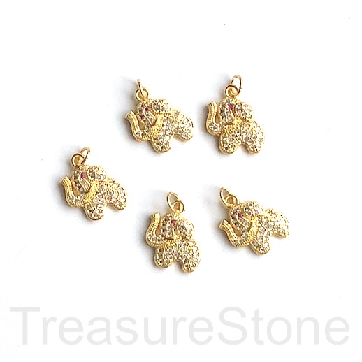 Pave Charm, brass, 11mm gold elephant, clear CZ. Ea