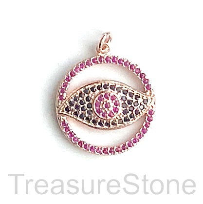 Pave charm, pendant, 29mm evil eye, rose gold w pink CZ. Ea