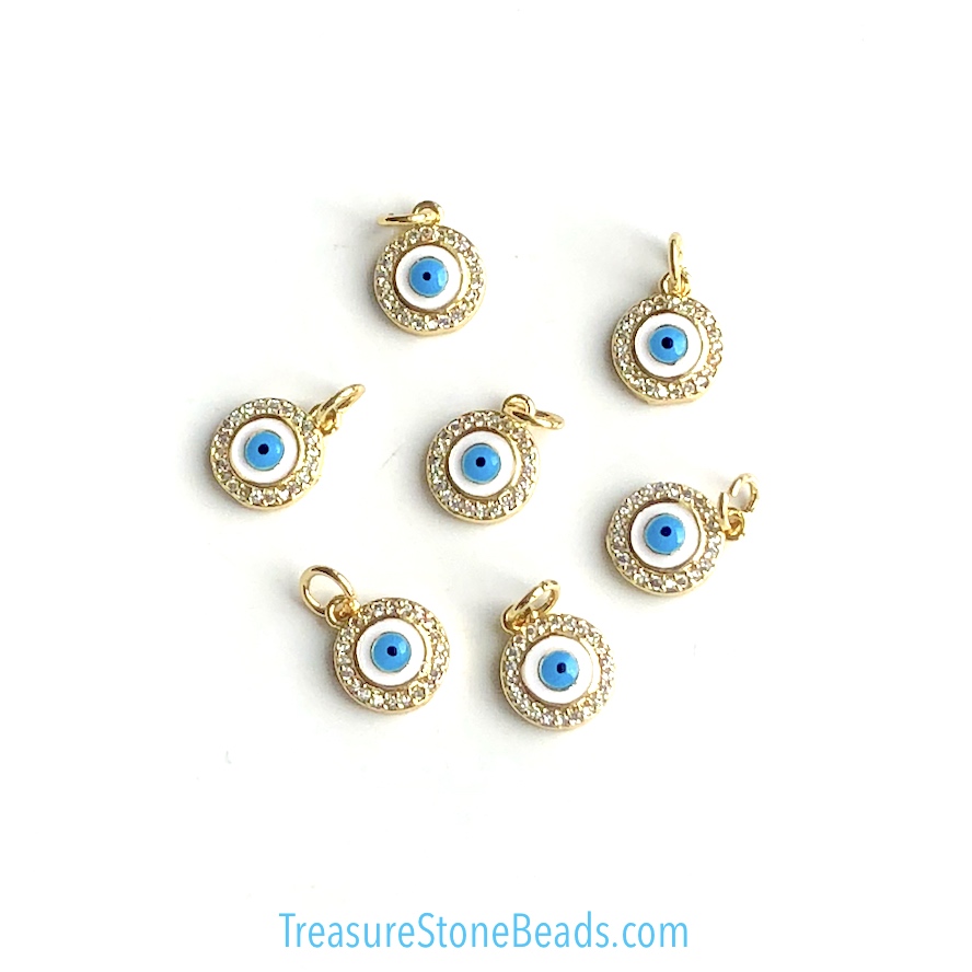 Pave Charm, pendant, brass, 9mm evil eye, gold, clear CZ. Ea - Click Image to Close