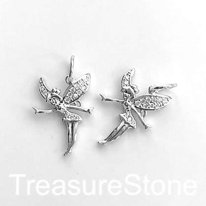 Charm, pendant, brass, CZ, silver, 18x24mm fairy, Tinker Bell.Ea - Click Image to Close