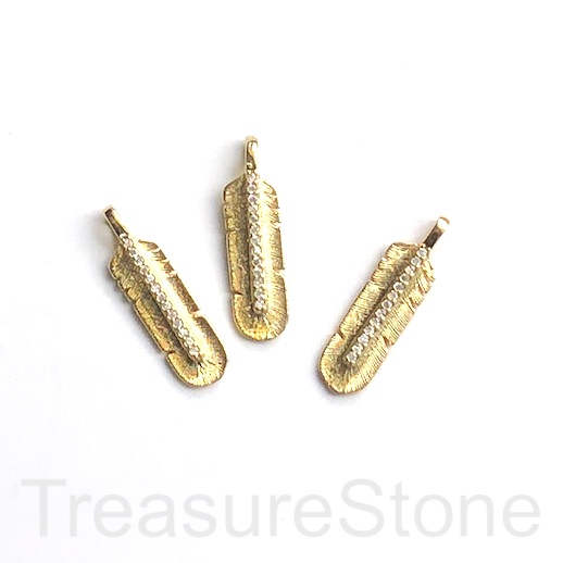 Pave Charm, pendant, 6x20mm gold feather, clear CZ. Ea