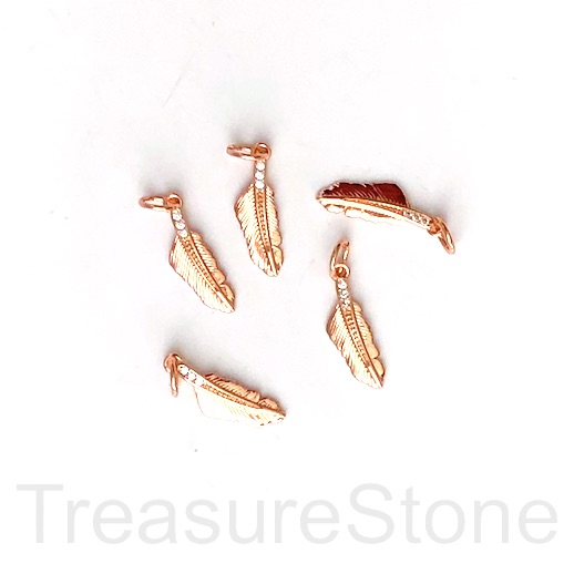 Pave Charm, brass, 5x17mm rose gold feather, CZ. Ea