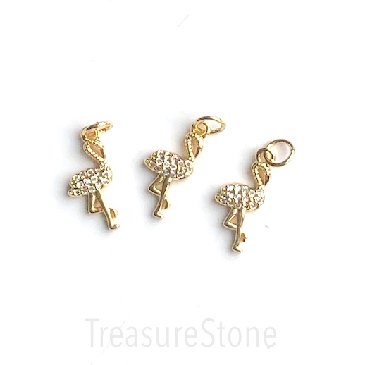 Pave Charm, pendant, brass, 8x14mm flamingo, gold, clear CZ. Ea