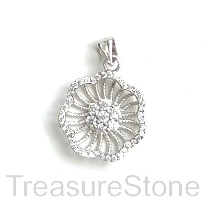 Pave charm, pendant, 11x14mm flower, silver, brass, CZ. Ea - Click Image to Close