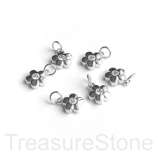Pave Charm, pendant, 8mm silver flower, clear CZ.Ea - Click Image to Close