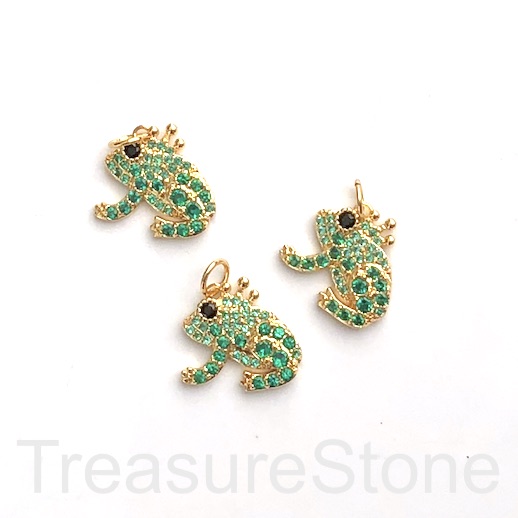 Pave charm, pendant, brass, gold, 15mm frog, green CZ. Ea