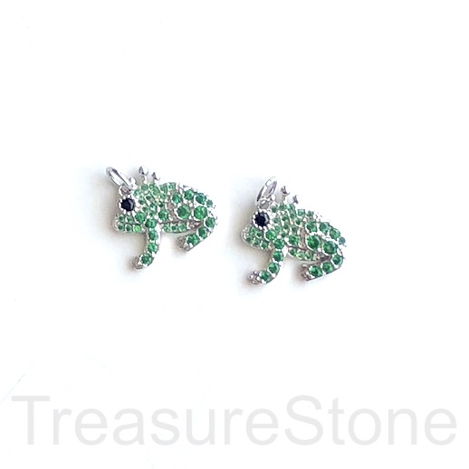 Pave charm, pendant, brass, silver, 15mm frog, green CZ. Ea - Click Image to Close