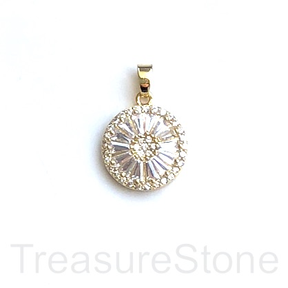 Charm, pendant, brass, 15mm gold coin, clear CZ. Each - Click Image to Close