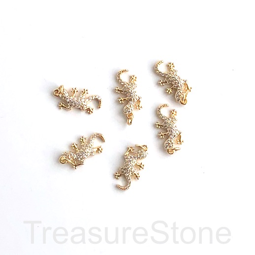 Pave Charm, pendant, gold, 16mm gecko lizard, clear CZ Ea