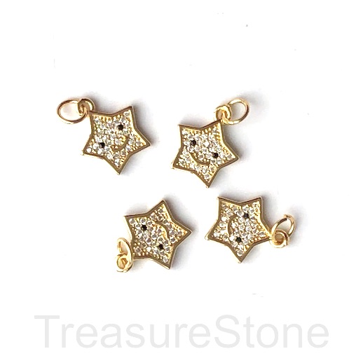 Pave charm, brass, 11mm gold happy star, clear CZ. Ea